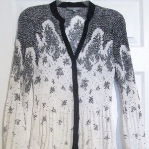 NY Collection White Black Gauze Button Up V-Neck S